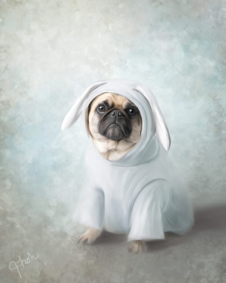 Painting of pug in bunny sweater