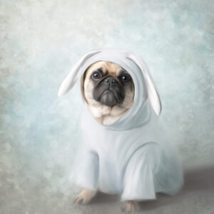 Painting of pug in bunny sweater